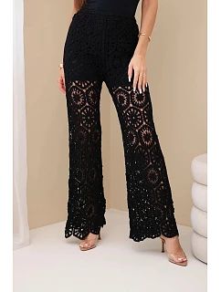 Dámske bavlnené čipkované nohavice so širokými nohavicami a elastickým pásom čierne