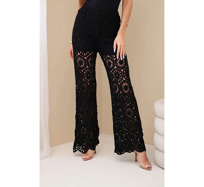 Dámske bavlnené čipkované nohavice so širokými nohavicami a elastickým pásom čierne