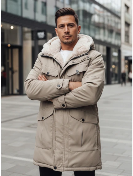 Pánska zimná bunda parka s kapucňou béžová FashionStreet TX4969z Pánska zimná bunda parka s kapucňou béžová FashionStreet TX4969z