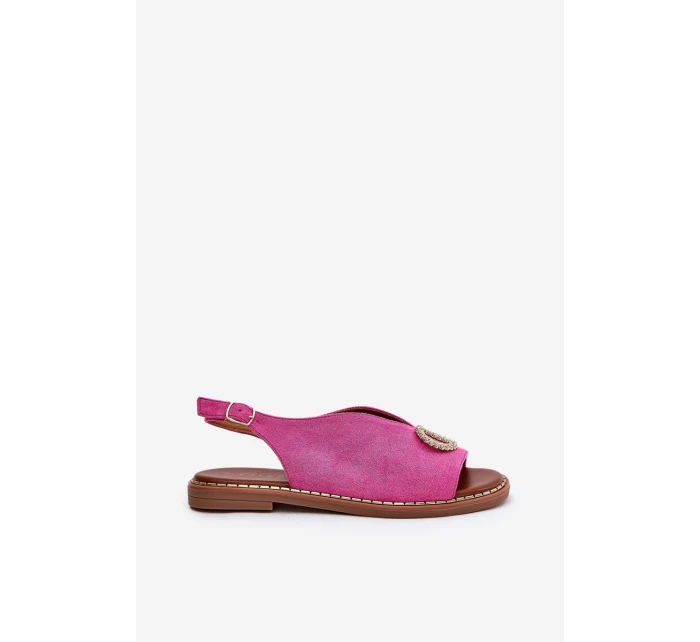 Sandały Damskie Z Ozdobą Na Płaskim Obcasie Eko Zamszowe Różowe Ralisses