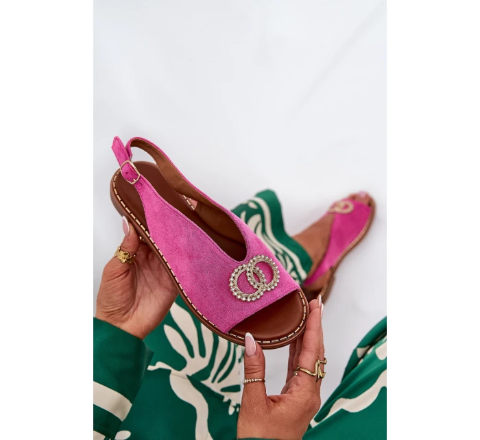 Sandały Damskie Z Ozdobą Na Płaskim Obcasie Eko Zamszowe Różowe Ralisses