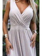 467-2 LOUISE dlhé šaty s výstrihom a rozparkom na nohách - béžové s trblietkami 467-2 LOUISE dlhé šaty s výstrihom a rozparkom na nohách - béžové s trblietkami