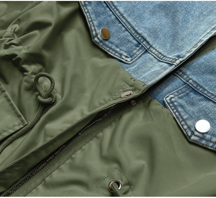 Svetlo modro-khaki voľná džínsová bunda z rôznych spojených materiálov (B9791-50011)