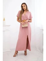 Dlhé šaty s ozdobným opaskom tmavo púdrovo ružové