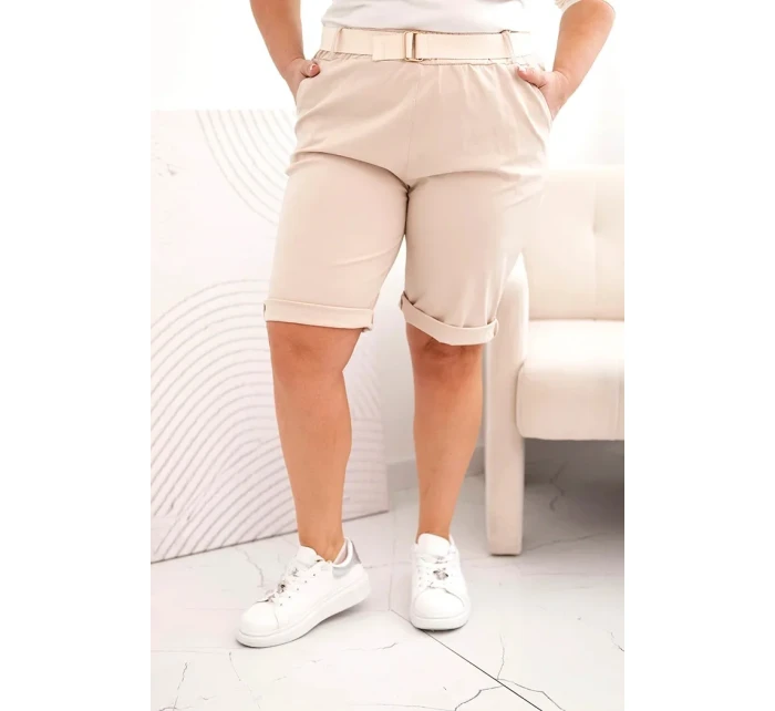 Dámske Plus veľkosť bavlnené šortky s opaskom svetlo béžová