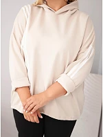 Dámska mikina Plus Size z viskózy s kapucňou a ozdobnými prúžkami, béžová