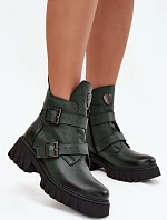 Skórzane Ocieplane Botki Damskie Z Klamrami I Ozdobnym Detalem Zazoo 60482 Ciemnozielone