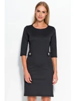 Dámske šaty značkové zdobené v páse gombíkmi stredne dlhé čierne - Čierna - Makadamové Dámske šaty značkové zdobené v páse gombíkmi stredne dlhé čierne - Čierna - Makadamové