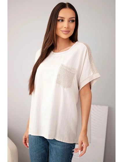 Dámská bavlněná oversize halenka s kapsou a síťovinou béžová Dámská bavlněná oversize halenka s kapsou a síťovinou béžová