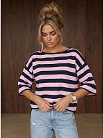 Dámský oversize svetr s pruhy v tmavě modré a růžové barvě FashionStreet MY2609 Dámský oversize svetr s pruhy v tmavě modré a růžové barvě FashionStreet MY2609