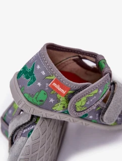 Detské papuče na suchý zips - sivo-zelené Reathiana (s motívom dinosaura)