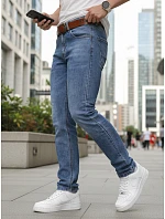 Pánske úzke džínsové nohavice s opaskom modré FashionStreet UX4490