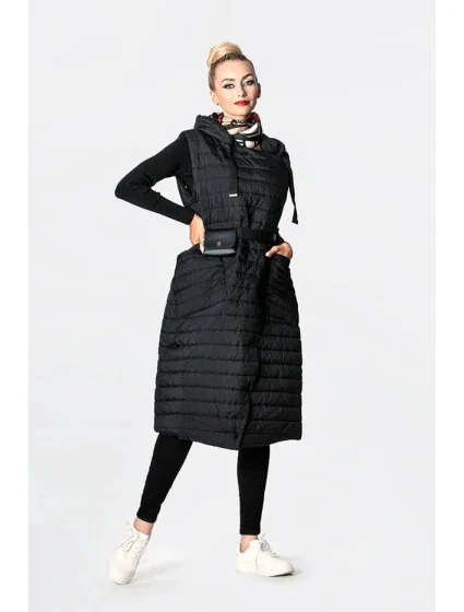 Dámska dlhá čierna prešívaná vesta (JIN219)