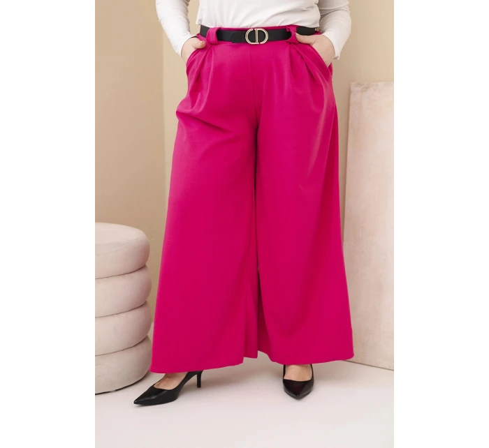 Plus veľkosť dámske široké nohavice z viskózy s fuchsiovým pásom