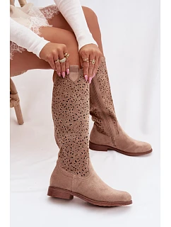 Dámske perforované čižmy na nízkom podpätku HY61-8023 Beige - S.Barski