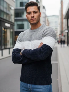 Pánský svetr s kulatým výstřihem šedý tmavě modrý Dstreet model 21994012 - FashionStreet