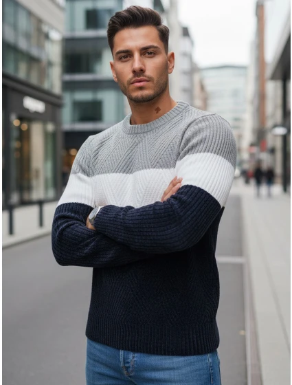 Pánský svetr s kulatým výstřihem šedé a tmavě modré barvy FashionStreet WX2320