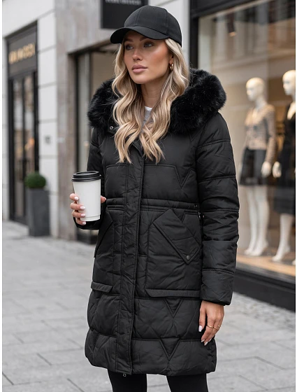 Dámska zimná prešívaná bunda s kapucňou, čierna, FashionStreet TY5824 Dámska zimná prešívaná bunda s kapucňou, čierna, FashionStreet TY5824