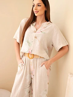 Dámsky bavlnený komplet s krátkym rukávom a širokými nohavicami béžovej farby