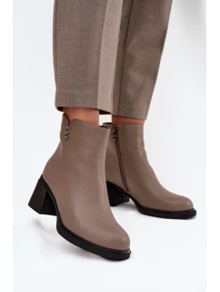 Skórzane Ocieplane Botki Damskie Na Klocku Vinceza 91159 Ciemnobeżowe