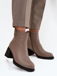 Skórzane Ocieplane Botki Damskie Na Klocku Vinceza 91159 Ciemnobeżowe