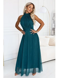 636-4 VERONICA – luxusné dlhé šaty s brokátovým detailom a elegantným strihom – zelené