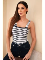 Dámska rebrovaná blúzka v pruhoch na ramienkach s volánom tmavomodrá