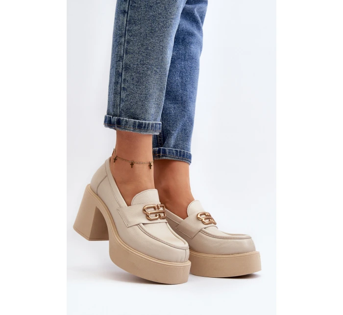 Zazoo 20170 Półbuty Skórzane Damskie Na Słupku Jasnobeżowe
