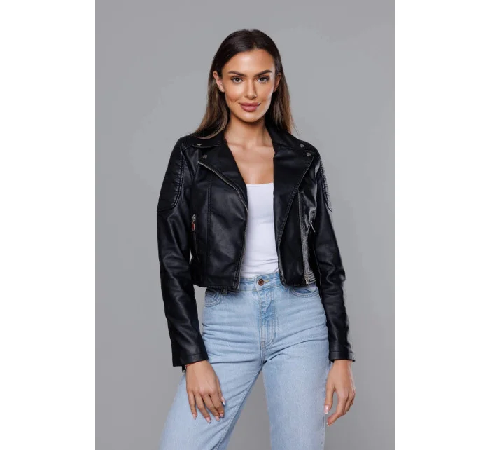 Krátká černá bunda ramoneska z ekologické kůže model 18117126 - J.STYLE Krátká černá bunda ramoneska z ekologické kůže model 18117126 - J.STYLE