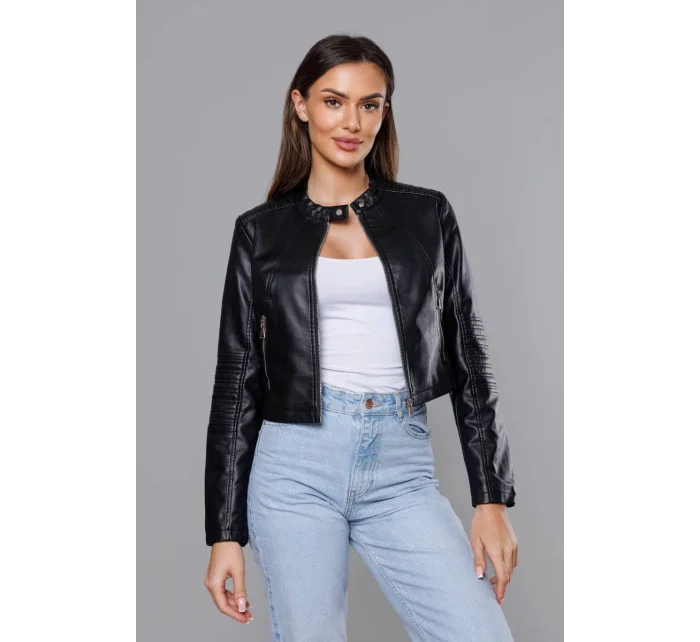 Krátka čierna bunda ramoneska so stojačikom (11Z8038)