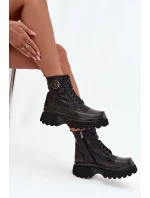 Skórzane Botki Damskie Na Platformie Z Napisami I Ozdobnym Detalem Artiker 57C2273 Czarne