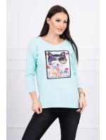 Halenka s 3D grafikou kočky v mátové barvě Halenka s 3D grafikou kočky v mátové barvě