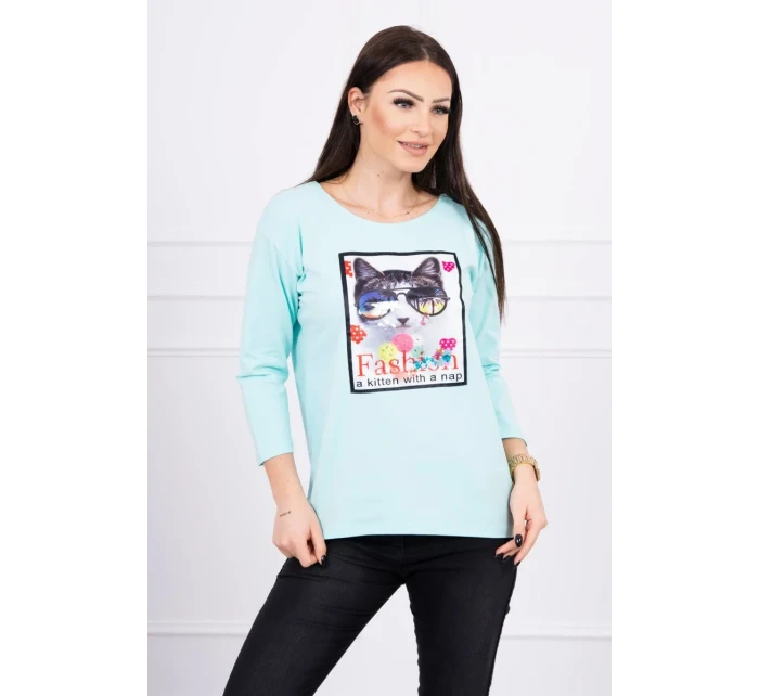 Halenka s 3D grafikou kočky v mátové barvě Halenka s 3D grafikou kočky v mátové barvě