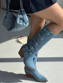 Dámske džínsové čižmy na podpätku v kovbojskom štýle s prackami Fivelle - denim