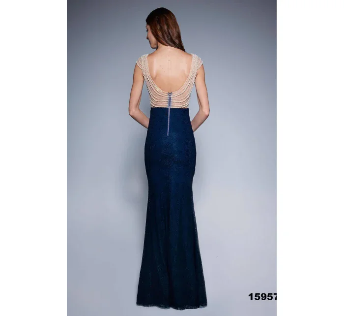 Dámske spoločenské šaty šoky soka s perličkami a čipkou dlhé tmavo modré - Tmavo modrá / XL - šoky & soka