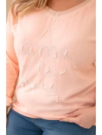 Dámske Plus veľkosť blúzka s potlačou a perlami marhuľová