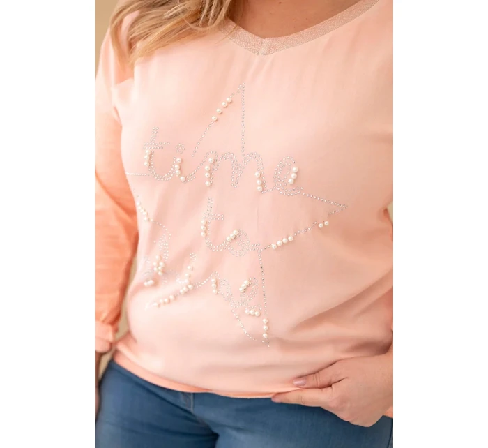Dámske Plus veľkosť blúzka s potlačou a perlami marhuľová