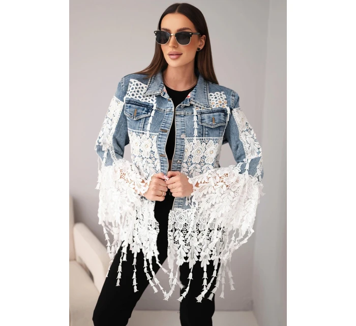 Dámska džínsová bunda z bavlny s čipkou a strapcami tmavý denim