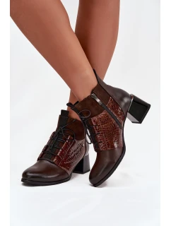 Zazoo 60503 Skórzane Botki Na Obcasie Ocieplane Czekoladowe