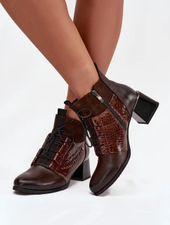 Zazoo 60503 Skórzane Botki Na Obcasie Ocieplane Czekoladowe