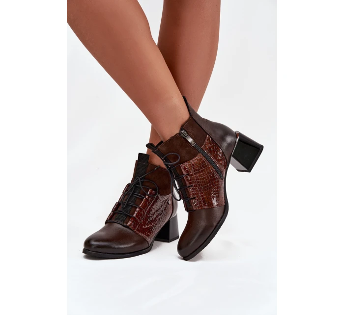 Zazoo 60503 Skórzane Botki Na Obcasie Ocieplane Czekoladowe