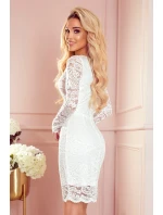 Dámske krajkové šaty v ecru farbe s dlhými rukávmi a výstrihom 170-11
