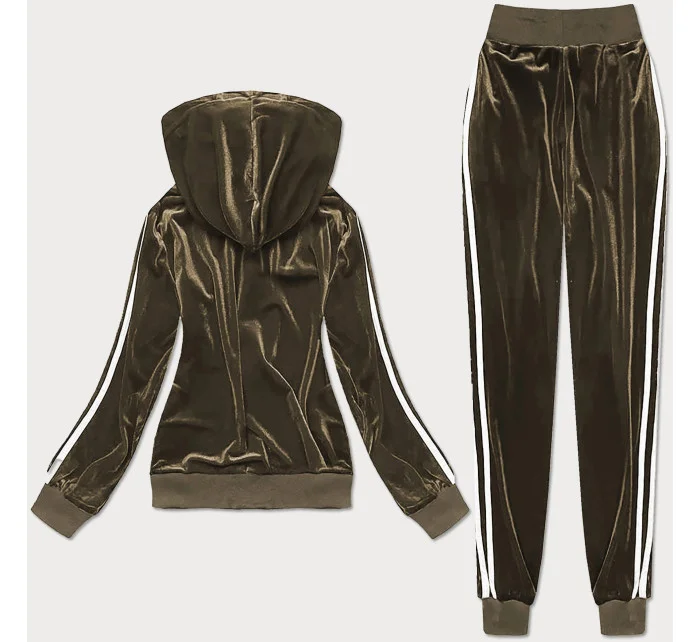 Velúrový teplákový komplet v khaki farbe s lampasmi (YP-9964)