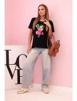 Dámská pruhovaná blůza s V výstřihem a krátkým rukávem béžová