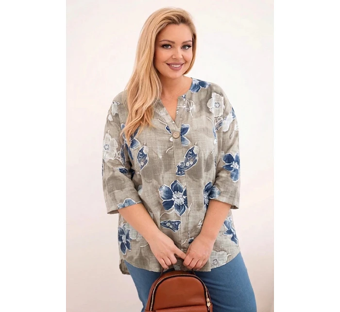 Dámske Plus veľkosť bavlnená blúzka s kvetinovým vzorom béžová