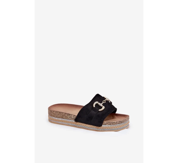 Klapki Damskie Na Platformie Ze Złotą Ozdobą I Brokatem Czarne Morisela Klapki Damskie Na Platformie Ze Złotą Ozdobą I Brokatem Czarne Morisela