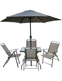 SET ZÁHRADNÉHO NÁBYTKU SYDNEY STÔL 4 STOLIČKY A SLNEČNÍK SIVÝ