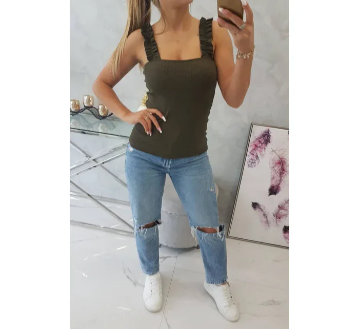 Blúzka s nariasenými ramienkami vo farbe khaki