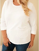 Dámská bavlněná mikina Plus Size s krajkovým pruhem a kapsou ecru