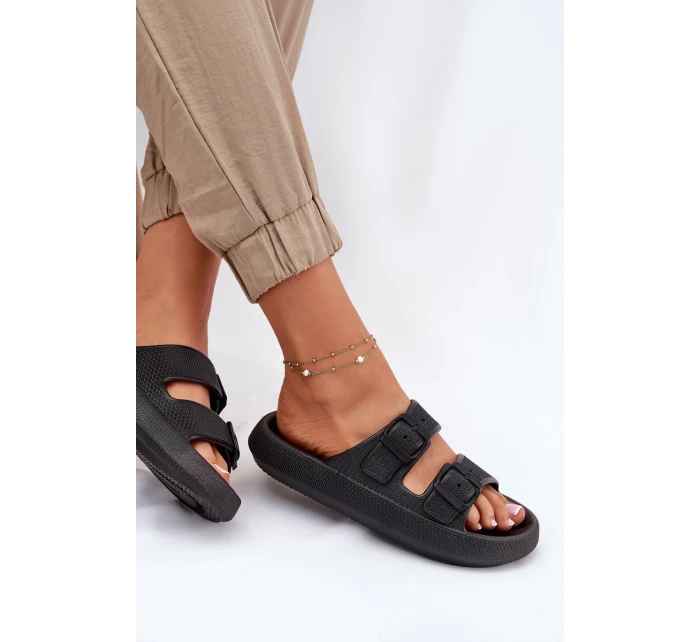 Klapki Damskie Na Platformie Z Klamrami Czarne Nitiana Klapki Damskie Na Platformie Z Klamrami Czarne Nitiana